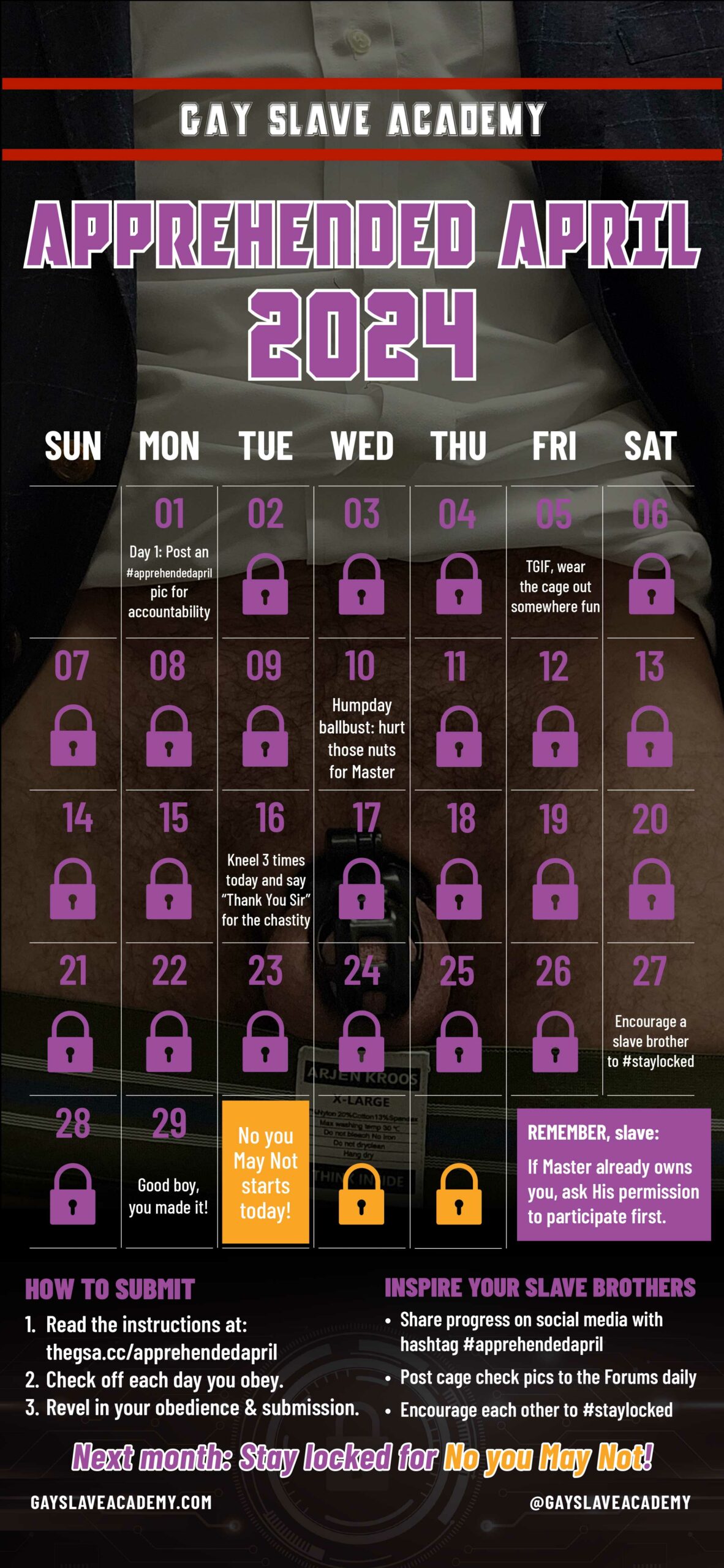 Image of an April 2024 calendar for tracking chastity challenge participation. Details at https://thegsa.cc/apprehendedapril
