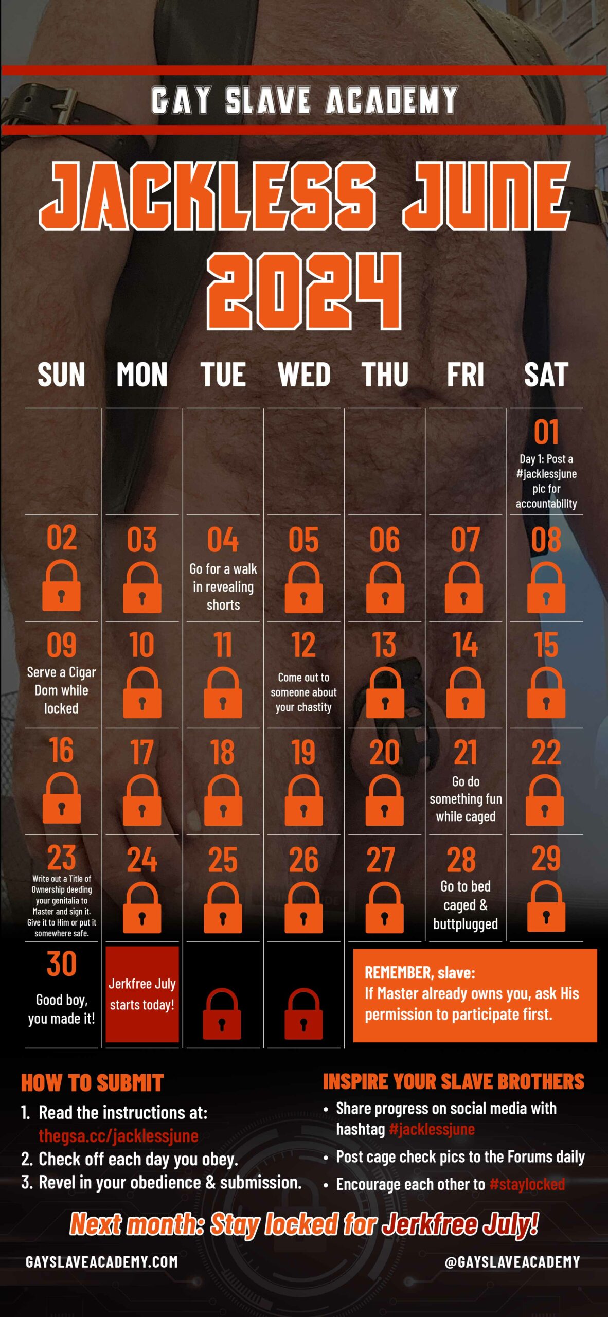 Image of an Jackless June 2024 calendar for tracking chastity challenge participation. Details at https://thegsa.cc/jacklessjune