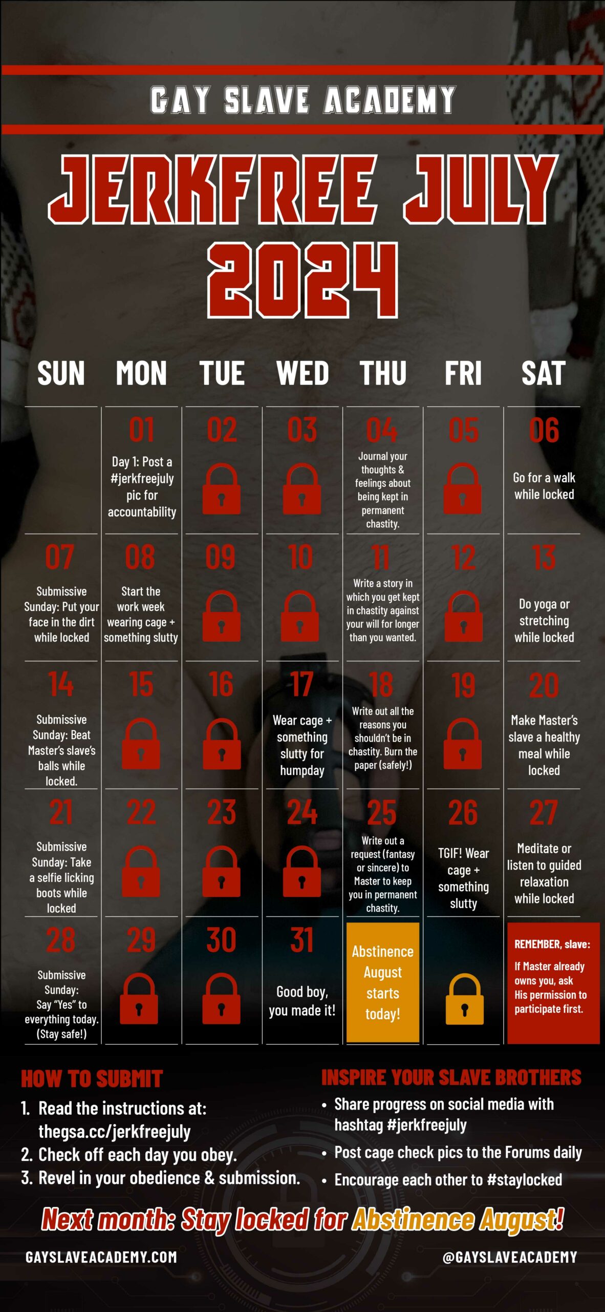 Image of the Jerkfree July 2024 calendar for tracking chastity challenge participation. Details at https://thegsa.cc/jerkfreejuly