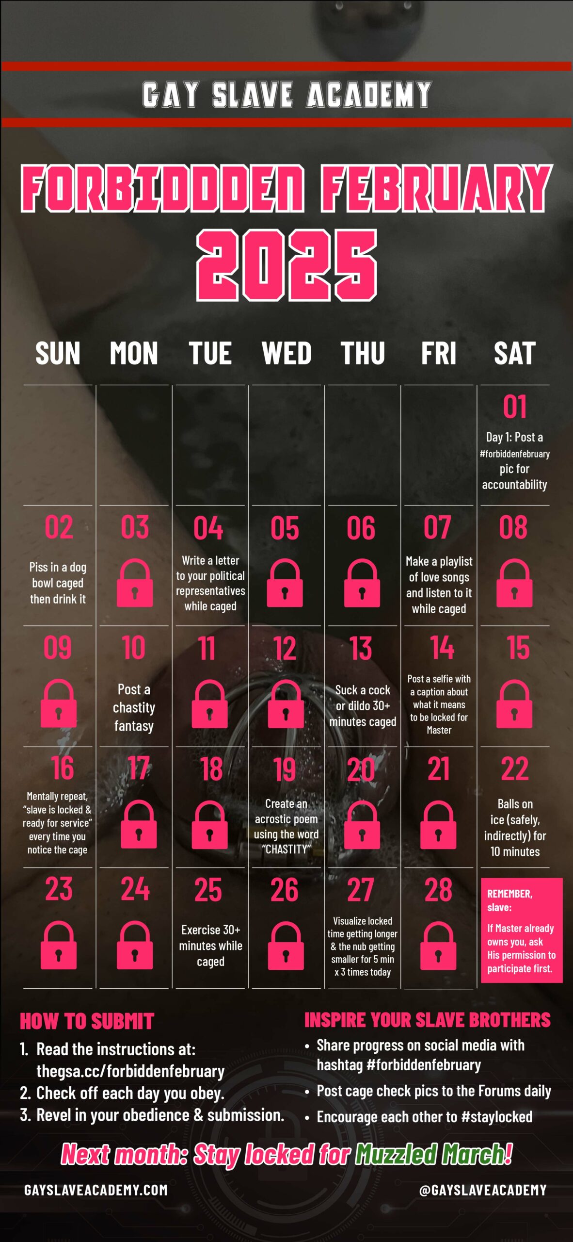 Image of a February 2025 calendar for tracking chastity challenge participation. Details at https://thegsa.cc/forbiddenfebruary